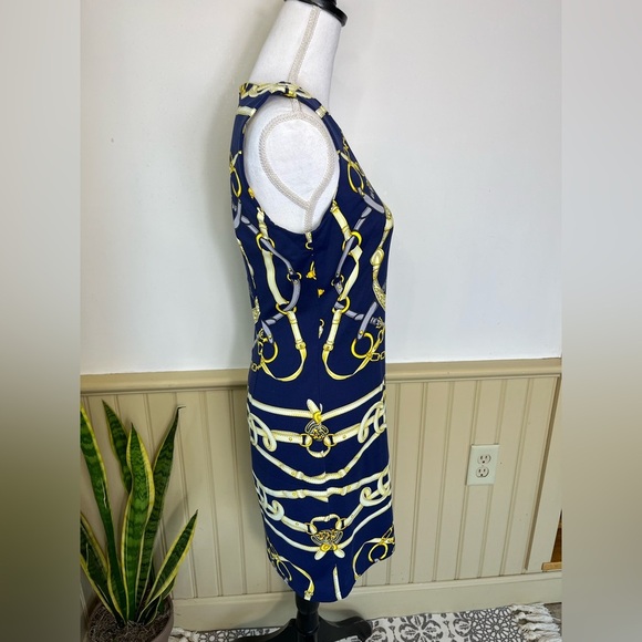 J.McLaughlin Chain Print Dress XS Navy Gold Nautical Equestrian Brunch Preppy - Picture 4 of 10